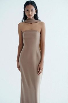 Matania Strapless Straight Across Neck Crepe Maxi Dress - MEAN BLVD Chic Beige Strapless Sleeveless Dress, Fitted Beige Maxi Dress With Straight Neckline, Chic Beige Strapless Maxi Dress, Strapless Beige Maxi Sundress, Summer Strapless Beige Maxi Dress, Crepe Fabric, Special Features, Neck Scarves, Neck Designs