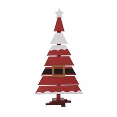 a red and white wooden christmas tree with a star on it's center piece