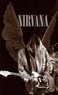 nirvana playing guitar with an angel wings on his head and the words nirvana above him