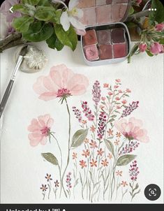 an image of flowers painted on paper with paintbrushes and watercolor pencils