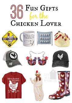 various items that include hats, boots and other things to wear for the chicken lover