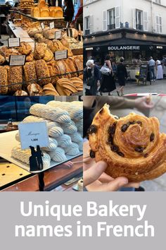 the collage shows different types of breads and pastries on display in front of a bakery