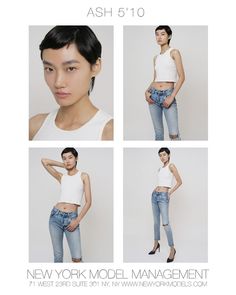 four photos of a woman in white top and jeans with her hands on her hips