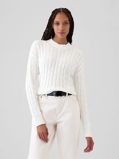 Cable-Knit Cropped Sweater Oversized Cropped Sweater, Cropped Cable Knit Sweater, Shein Sweater, Neutral Sweaters, Long Sleeve Jumper, Fall Capsule Wardrobe, Beautiful Dresses For Women, Woman Dress, Gap Sweater