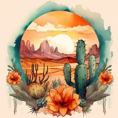 an image of a desert scene with cactus and flowers