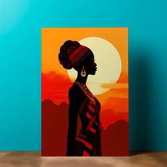 a painting of a woman in front of a sunset