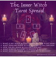 the inner witch tarot spread is shown with candles in front of it and an image of