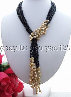 50" Champagne Keshi Pearl Onyx Necklace Long necklace | eBay Black Beaded Lariat Necklace Gift, Unique Black Necklaces For Gifts, Unique Black Necklace For Gift, Black Multi-strand Jewelry For Gift, Black Multi-strand Necklace Gift, Black Pearl Necklace With Round Beads As Gift, Multi-strand Black Beads Jewelry Gift, Black Pearl Necklace For A Gift, Black Beaded Lariat Necklace