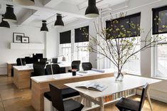 an office with black and white decor, chairs, desks and plants in vase