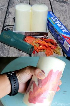 two pictures showing how to make an autumn candle