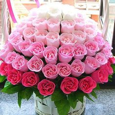 a bouquet of pink roses in a white vase