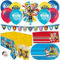 paw patrol party supplies including balloons, napkins and decorations