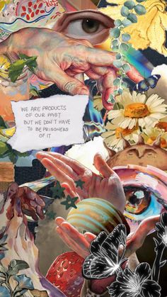 an artistic collage with flowers, butterflies and words on it that say we are products of our trust