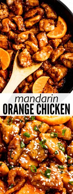 orange chicken in a skillet with a wooden spoon on the side and text overlay that reads mandarin orange chicken