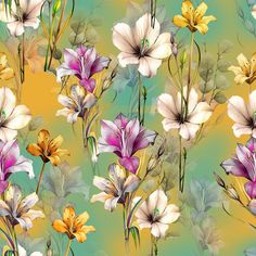 an artistic painting of flowers on a green and yellow background with watercolor paint effect