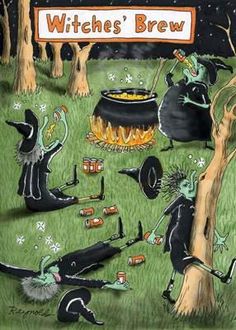 an image of witches gathering around a caulder full of beer and hot dogs