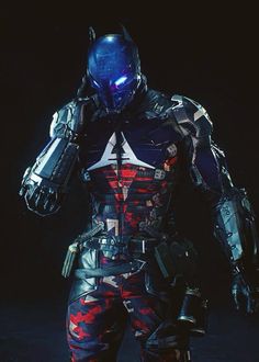 a man in a futuristic suit with blue eyes and red camouflage print on the chest