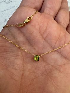 Peridot Necklace / 14k Gold Peridot Necklace / August Birthstone Necklace / Green Peridot BirthStone Necklace / Peridot Solitaire Necklace   free shipping  within the USA if you have a special request, please call or email me 201 906 1763 METAL: 14K YELLOW GOLD 585 STONES: GENUINE 0.25CT PERIDOT STYLE: AUGUST BIRTHSTONE NECKLACE PURITY: 14K, 585 SIZE: 4MM AS IT IS WITH THIS ITEM ALL MY PIECES ARE HAND MADE. AND I STAND BEHIND EVERY PIECE. SATISFACTION GUARANTEED. FIND OUT ABOUT OUR LAYAWAY PAYMENT PLAN AND HASSLE FREE RETURNS  IF THERE IS ANY ADJUSTMENTS NEEDED TO SUIT YOUR TASTE, I M OPEN TO REQUESTS.  RETURNS: ALL RETURNS MUST BE IN THE ORIGINAL PACKAGES UNWORN,UNDAMAGED IN THE ORIGINAL BOX WITHIN 10 DAYS OF RECEIPT OF THE ITEM.  PLEASE CONTACT ME FOR ALL RETURNS. RETURNED PACKAGES MUST August Birthstone Necklace, Peridot Birthstone, Solitaire Necklace, Peridot Necklace, August Birthstone, Solitaire Necklaces, Necklace Green, I Stand, Green Peridot