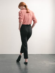 If you’re looking for the classic Audrey Hepburn cigarette pant, this is it. Made of a soft and stretchy fabric, it’s incredibly comfortable and has elastic at the back waistband for extra comfort—along with a cool slant back pocket. Hitting at the perfect crop for a loafer, slide or even boot, it’s a versatile pant that will last for the long haul, just like your own personal legacy. Business Casual Straight Dress Pants With Pull-on Style, Fitted Straight Leg Pull-on Sweatpants, Casual Ankle-length Pants With Minimal Stretch, Casual Minimal Stretch Ankle-length Pants, Pull-on 4-way Stretch Dress Pants For Work, Minimal Stretch Ankle-length Casual Pants, Fall Dress Pants With Elastic Waistband And Tapered Leg, Fall Workwear Sweatpants With Pull-on Style, Relaxed Fit Fall Pants With Elastic Side Panels