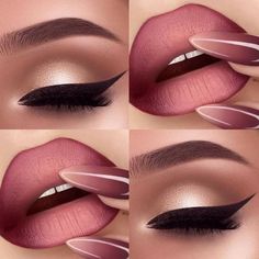 Two Tone Lipstick, Design Eyeliner, Eyeliner Design, Lip Sets, Eyeliner Types, Eyeliner Ideas, Gold Makeup Looks, Makeup Images