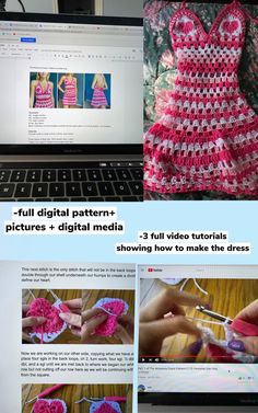 the instructions for crocheted dresses are displayed on the computer screen and in pictures