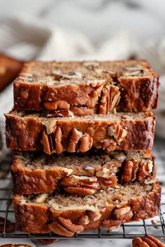 three slices of pecan bread stacked on top of each other