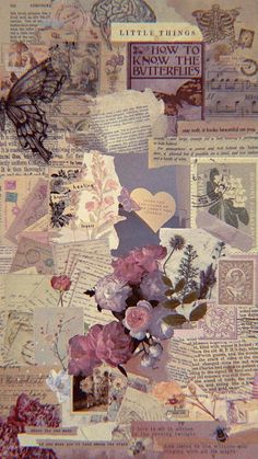 an altered collage with flowers, butterflies and letters on it's side is shown