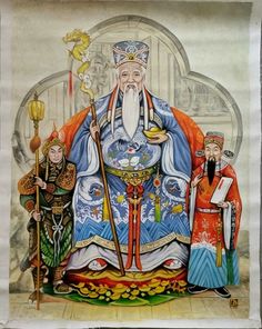 a painting of an old man sitting on a throne with two other men standing behind him