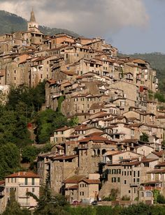 an old village on top of a hill with lots of buildings and trees in the foreground