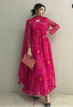 Bandhani Print, Anarkali, Print Top, Red