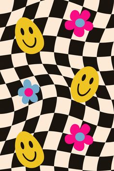 a checkered pattern with smiley faces and flowers on the bottom right hand corner,