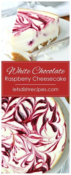 a white chocolate raspberry cheesecake on a plate