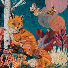 a painting of a fox sitting in the woods with butterflies flying over it's head