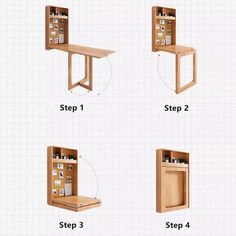 four different types of wooden furniture with instructions on the bottom and bottom, including an open cabinet