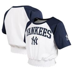 Give your young New York Yankees fan a stylish piece of team gear with this On Base Fashion T-shirt. It features the team logo over a sporty raglan-sleeve design. The shirred hem adds a dashing detail to this chic New York Yankees top. Short sleeve Raglan sleeves Crew neck Officially licensed Shirred elastic bottom hem Imported Machine wash, tumble dry low Material: 100% Cotton Brand: Outerstuff Screen print graphics Yankees Fan, Team Gear, Fashion T Shirt, New York Yankees, Sleeve Designs, Girl Top, Screen Print, Raglan Sleeve, Shirts For Girls