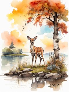 a painting of a deer standing next to a tree