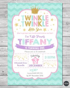 Twinkle Twinkle Little Stars Personalised Invitation - Digital or Printed - Ship Worldwide! Visit www.lollipoppartysupplies.com.au Princess Invite, Stars Invitation, First Birthday Card, Pretty Invitations, Twins Birthday, Simple Birthday Decorations, First Birthday Cards