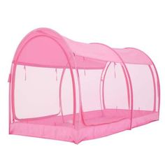 three pink tents are set up in the shape of an oval structure with mesh sides