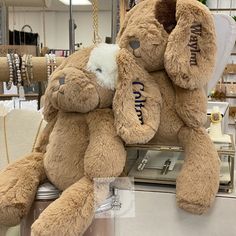 two teddy bears sitting on top of each other in front of a store display window