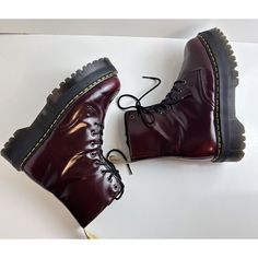 These Dr. Martens Jadon Ii Platform Boots In Cambridge Brush Color Are A Must-Have For Any Fashion-Forward Woman. Made With High-Quality Vegan Leather, These Combat-Style Boots Feature A Lace-Up Closure With A Zipper Accent And The Iconic Dr. Martens Logo. With A Low Block Heel Measuring At 1-1.9 Inches And A Mid-Calf Shaft Style, These Boots Are Perfect For Traveling, Casual Outings, And Workwear. The Boots Are Available In Us Size 11, Uk Size 9, And Au Size 11. The Platform Height Is 1.5 Inche Low Platform Boots, Cool Doc Martens, Burgundy Boots With Reinforced Heel And Round Toe, Burgundy Leather Platform Boots, Burgundy Lace-up Boots With Red Sole, Dr Martens Logo, Doc Martens Platform, Platform Doc Martens, Dr Martens Platform