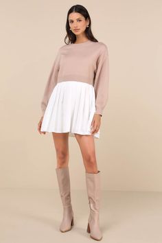 Beige Layered Dress - Pleated Sweater Dress - Layered Mini Dress - Lulus Oversized Sweater With Skirt, Sweater With Dress, Christmas Dress Outfit, Sweater Over Dress, Sweater Mini Dress, Casual Formal Dresses, Christmas Skirt, Dress Layered, Layered Sweater