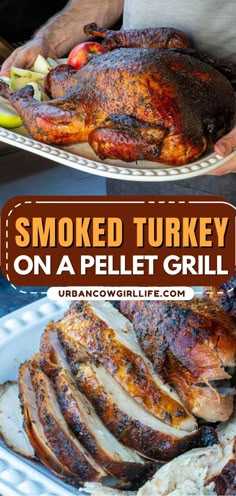 With this full guide to smoked turkey, we will help you create turkey on the pellet grill that looks this good and tastes even better! Make this for a delicious main dish for Thanksgiving dinner! Smoker Turkey Recipes, Pellet Smoker Turkey, Grilling Recipes Ideas, Smoked Turkey Recipes Thanksgiving, Traeger Smoked Turkey, Grilled Turkey Recipes, Smoker Turkey, Pellet Smoker Recipes, Turkey Brine Recipes