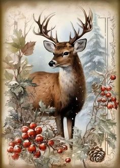 a painting of a deer surrounded by berries and pine cones