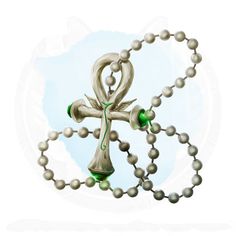 an image of a cross made out of pearls and beads on a white background with green accents