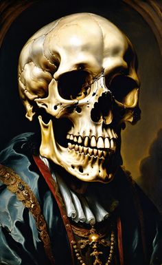 a painting of a skeleton wearing a gold crown and holding a cross in his left hand