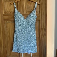 Brand New With Tags Never Worn! Shimmering Sequins Sparkle Effortlessly Along The Entirety Of The Gown Showcasing A Deep V Neckline, Beaded Straps And A Lace Up Strappy Low Back. Rachel Allan, Size 6 Dress, Fancy Dresses, Silver Color, Blue Dresses, Prom, Lace Up, Brand New, Womens Dresses