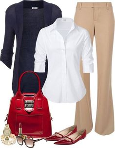 Khaki pants. Navy blue blazer jacket. Red flats. Lady Outfits, Outfit Beige, Fashion Design School, Window Dressing, Elegante Casual, Professional Attire, Nurse Practitioner