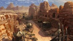 an artist's rendering of a desert town with lots of rocks and buildings in the background