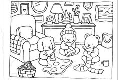 a black and white drawing of two teddy bears in a living room playing with toys