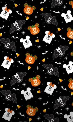 mickey mouse halloween pattern with bats, pumpkins and ghost heads on a black background